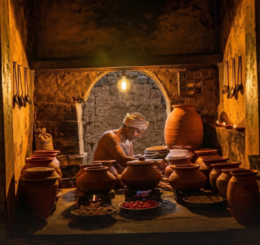 Traditional South Indian kitchen with clay pots
